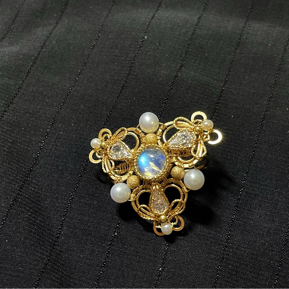 Handmade Triangle Shaped Brooch with Rainbow Moonstone and Freshwater Pearl